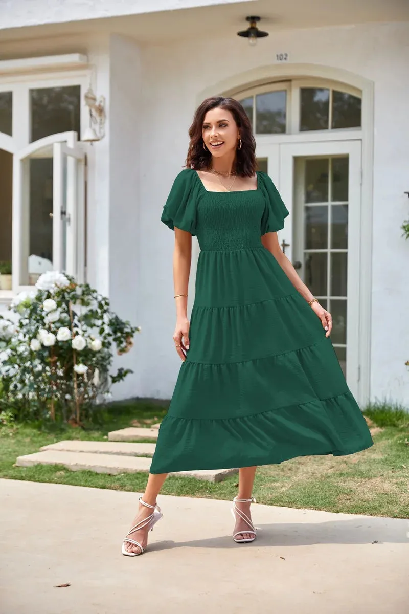 Summer Boho Smocked Maxi Dresses for Women 2024 Casual Puff Sleeve Square Neck A Line Tiered Ruffle Long Beach Dresses