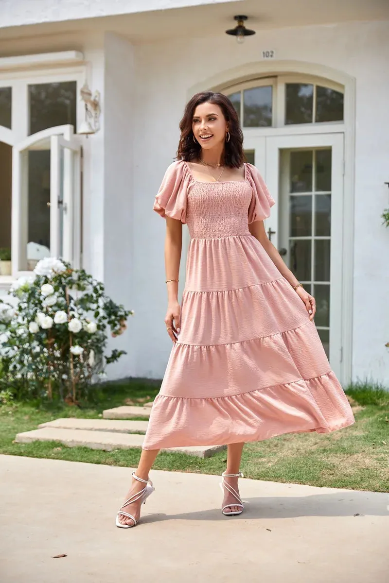 Summer Boho Smocked Maxi Dresses for Women 2024 Casual Puff Sleeve Square Neck A Line Tiered Ruffle Long Beach Dresses