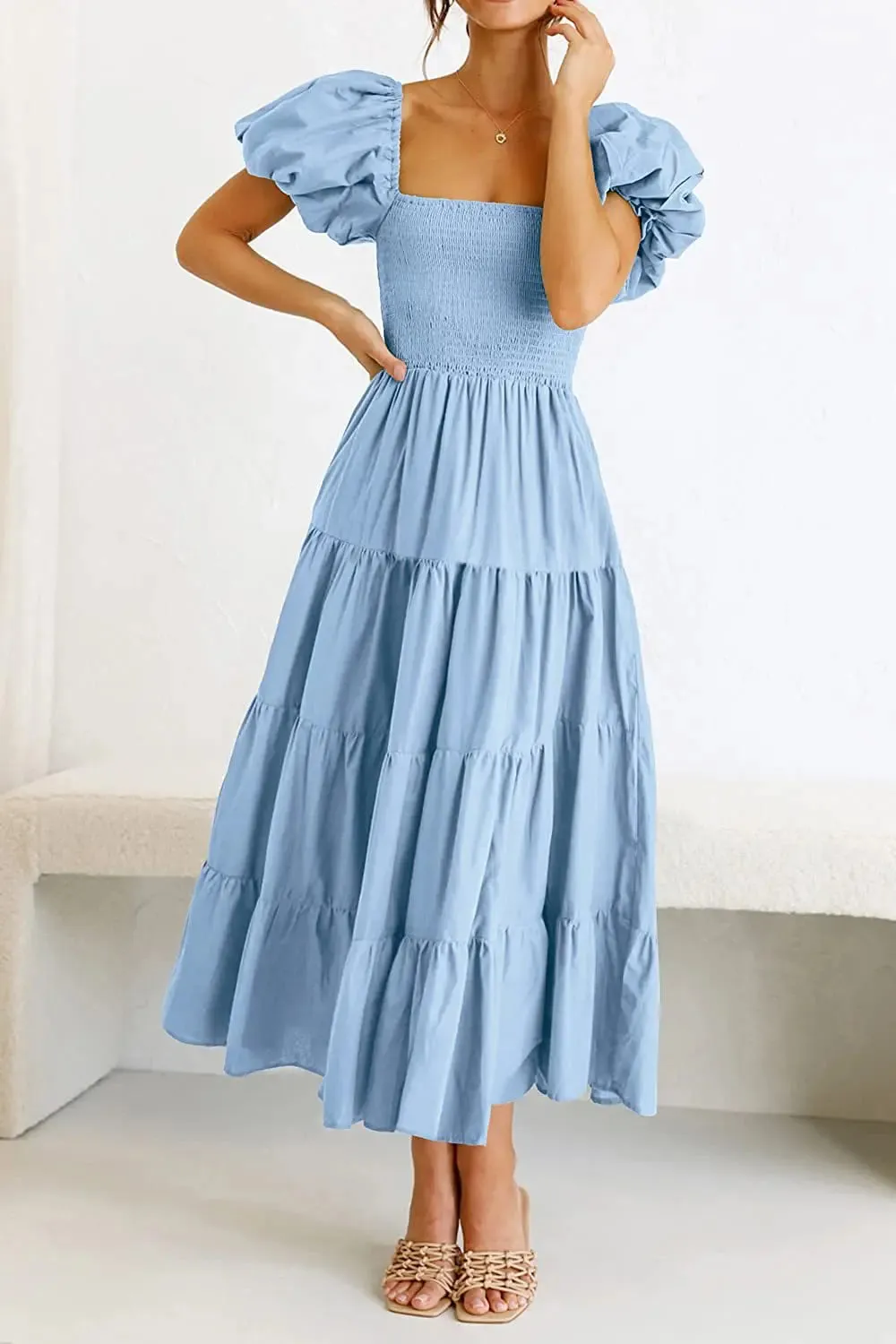 Summer Boho Smocked Maxi Dresses for Women 2024 Casual Puff Sleeve Square Neck A Line Tiered Ruffle Long Beach Dresses