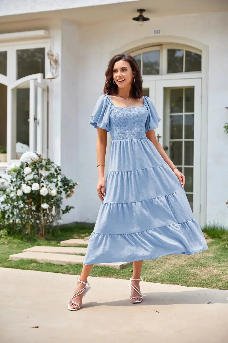 Summer Boho Smocked Maxi Dresses for Women 2024 Casual Puff Sleeve Square Neck A Line Tiered Ruffle Long Beach Dresses