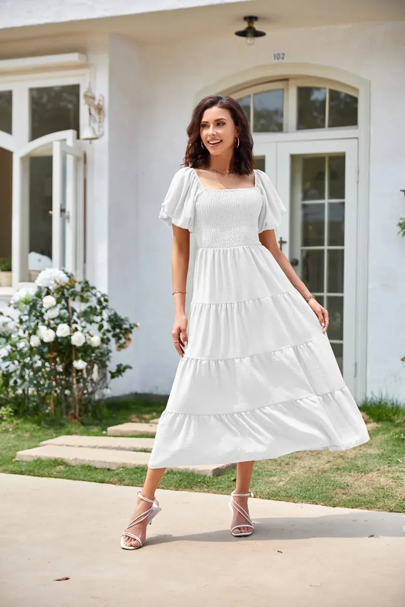 Summer Boho Smocked Maxi Dresses for Women 2024 Casual Puff Sleeve Square Neck A Line Tiered Ruffle Long Beach Dresses