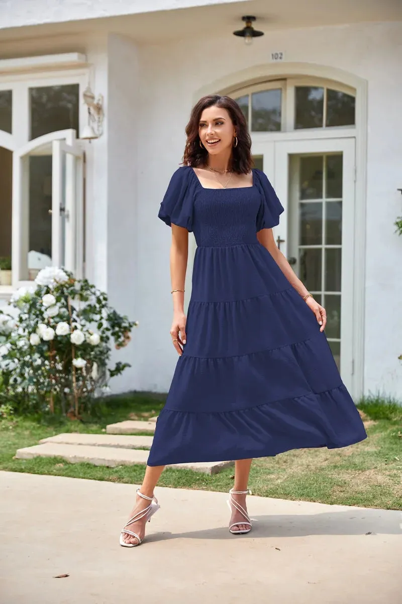 Summer Boho Smocked Maxi Dresses for Women 2024 Casual Puff Sleeve Square Neck A Line Tiered Ruffle Long Beach Dresses