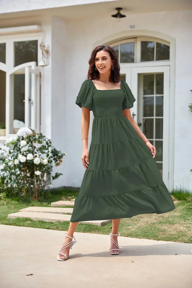 Summer Boho Smocked Maxi Dresses for Women 2024 Casual Puff Sleeve Square Neck A Line Tiered Ruffle Long Beach Dresses