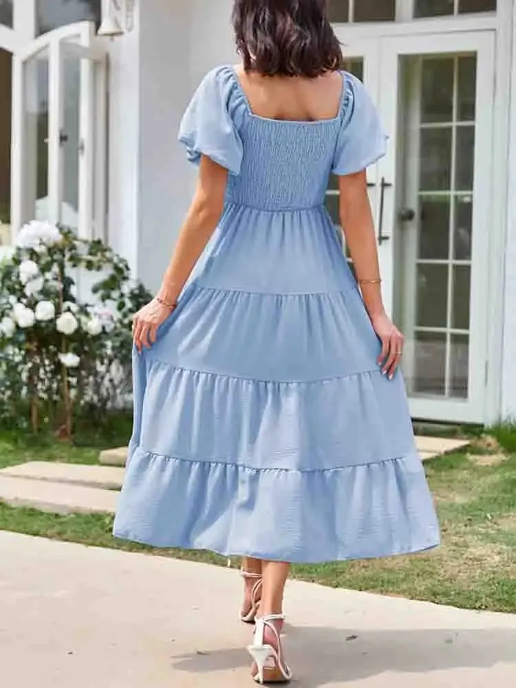 Summer Boho Smocked Maxi Dresses for Women 2024 Casual Puff Sleeve Square Neck A Line Tiered Ruffle Long Beach Dresses