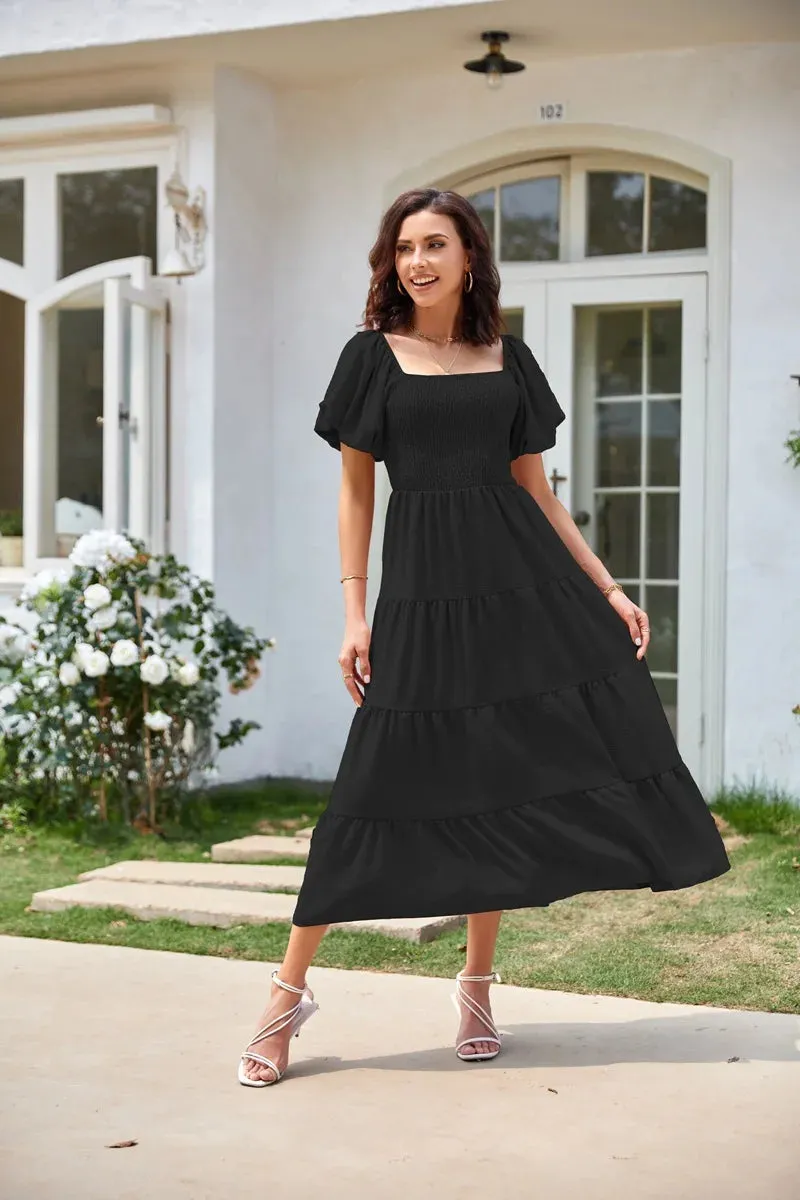 Summer Boho Smocked Maxi Dresses for Women 2024 Casual Puff Sleeve Square Neck A Line Tiered Ruffle Long Beach Dresses