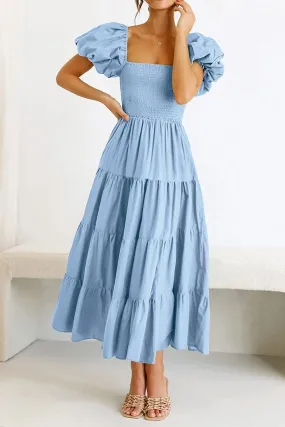 Summer Boho Smocked Maxi Dresses for Women 2024 Casual Puff Sleeve Square Neck A Line Tiered Ruffle Long Beach Dresses