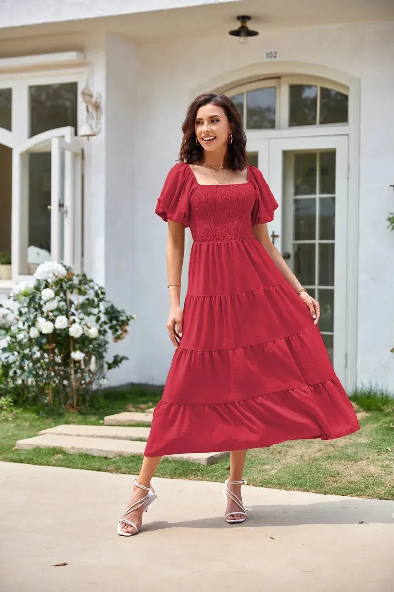 Summer Boho Smocked Maxi Dresses for Women 2024 Casual Puff Sleeve Square Neck A Line Tiered Ruffle Long Beach Dresses