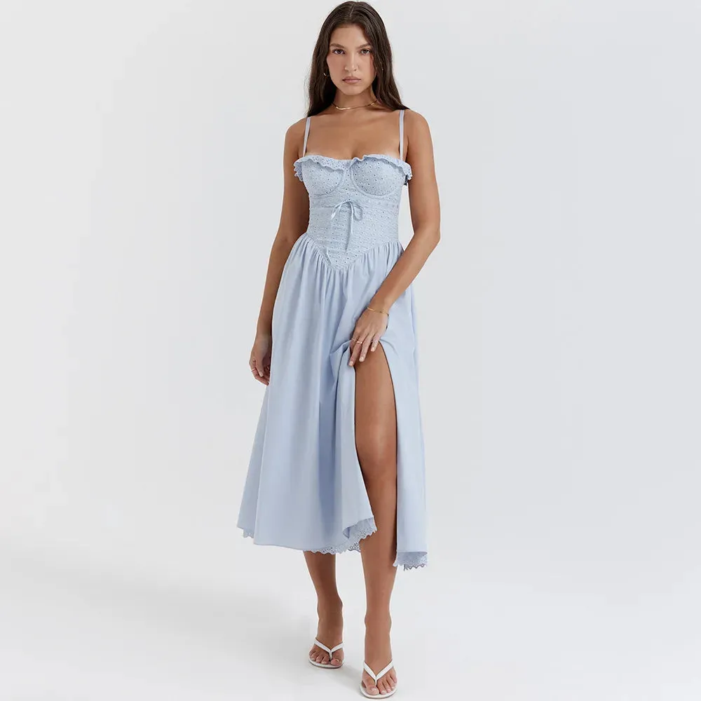 Suninheart Fashion Summer Dresses 2024 Blue Midi Crochet Dress Elegant Sexy Spaghetti Strap Bustier Dress For Party Club