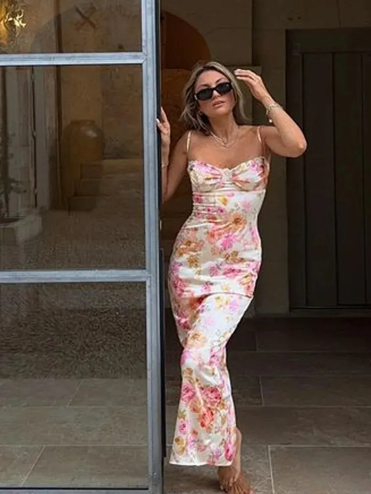 Suninheart Floral Print Spaghetti Strap Dress for Wedding Guest Holiday 2024