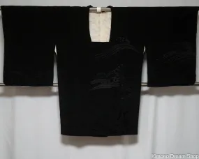 Unused Black Ocean Waves Haori - Vintage Chirimen Silk Women's Kimono Jacket - High Quality Silk Fabric and Unique Pattern Detailing