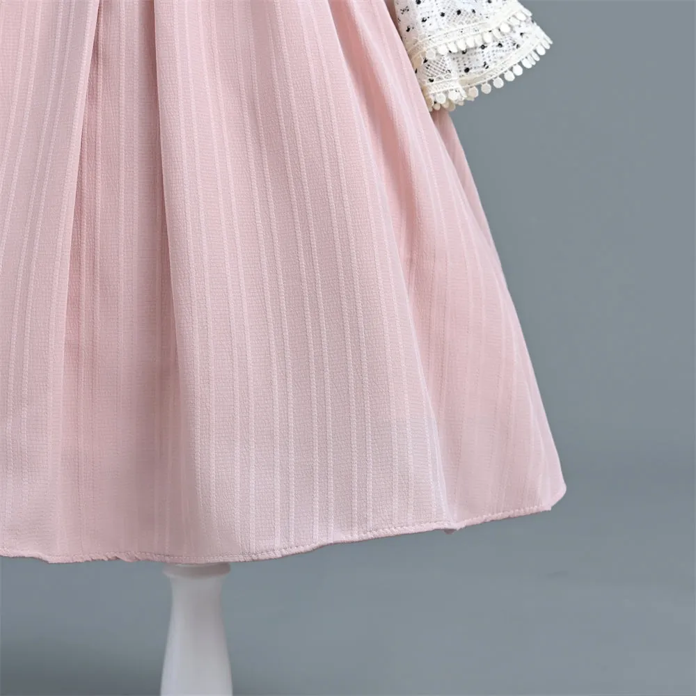 VB248 Yoliyolei Long Flare Sleeve 2024 Kids Clothes Polka Dots Pleated Princess Child Dress For Girls With A Waist Buckle Belt