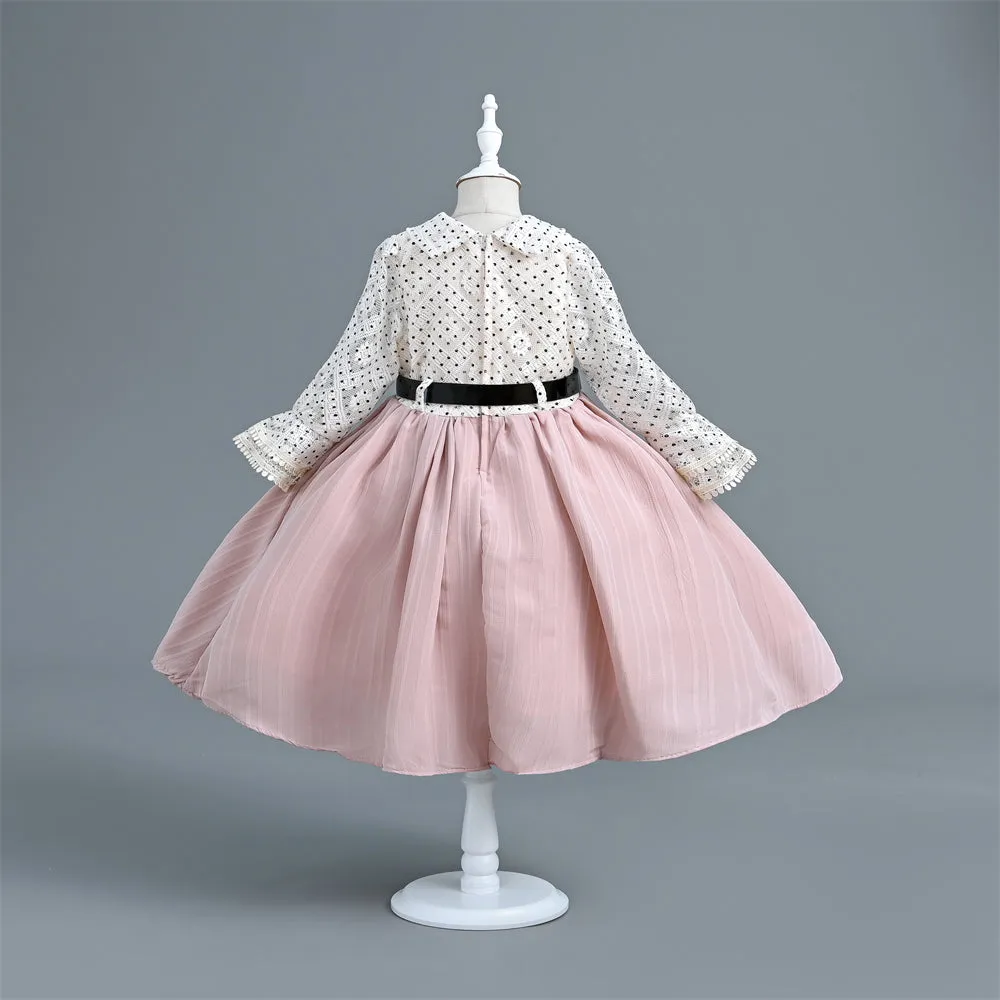 VB248 Yoliyolei Long Flare Sleeve 2024 Kids Clothes Polka Dots Pleated Princess Child Dress For Girls With A Waist Buckle Belt