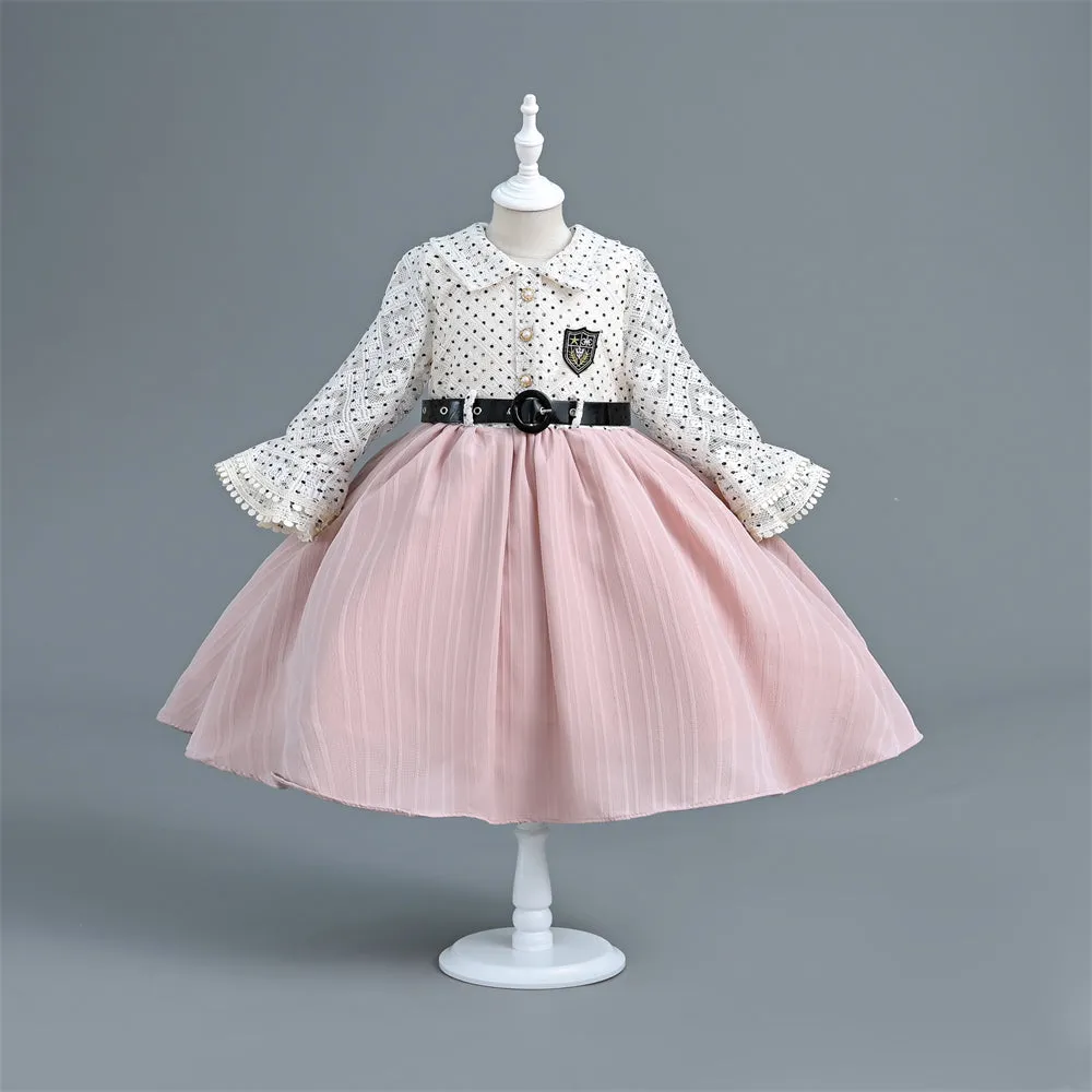 VB248 Yoliyolei Long Flare Sleeve 2024 Kids Clothes Polka Dots Pleated Princess Child Dress For Girls With A Waist Buckle Belt
