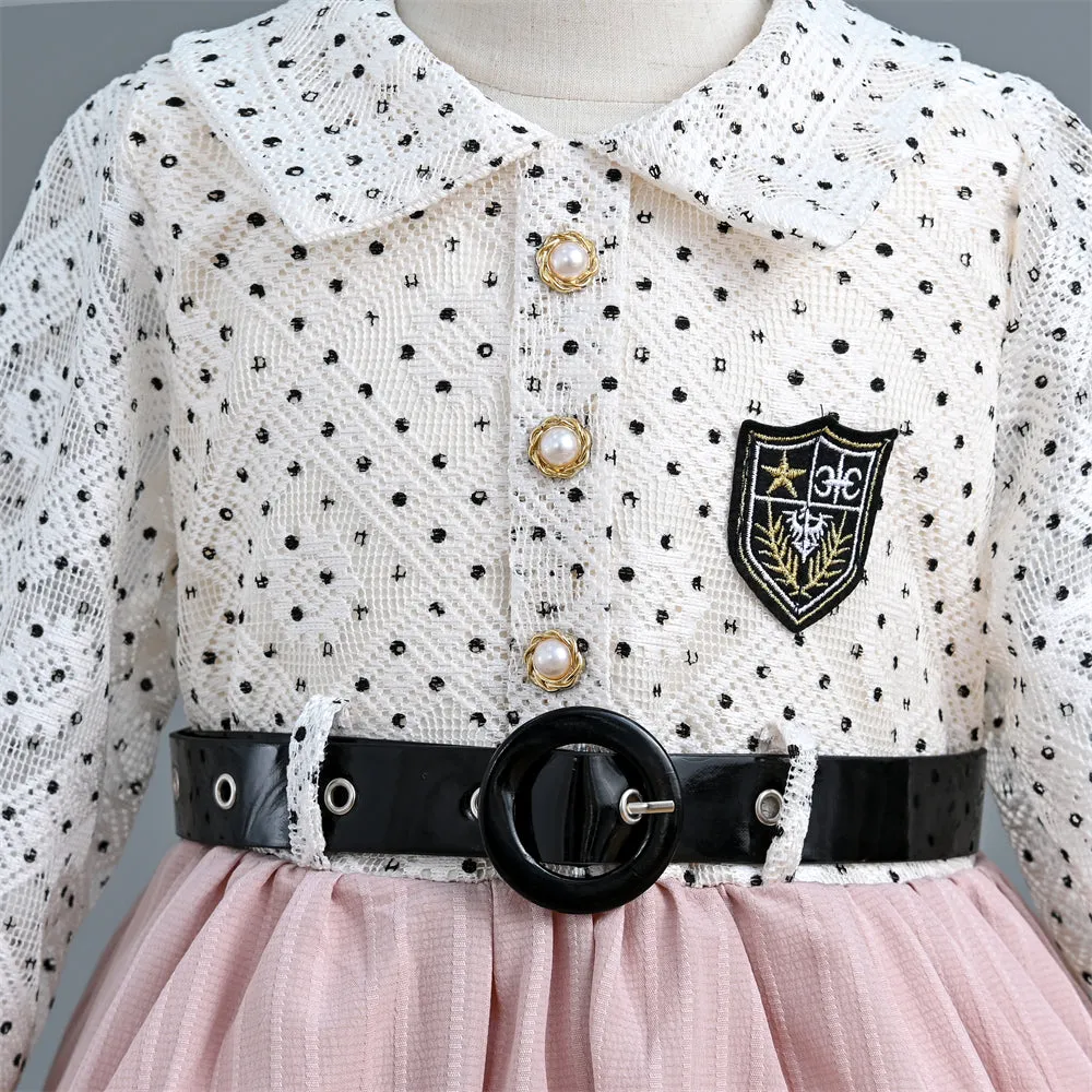 VB248 Yoliyolei Long Flare Sleeve 2024 Kids Clothes Polka Dots Pleated Princess Child Dress For Girls With A Waist Buckle Belt