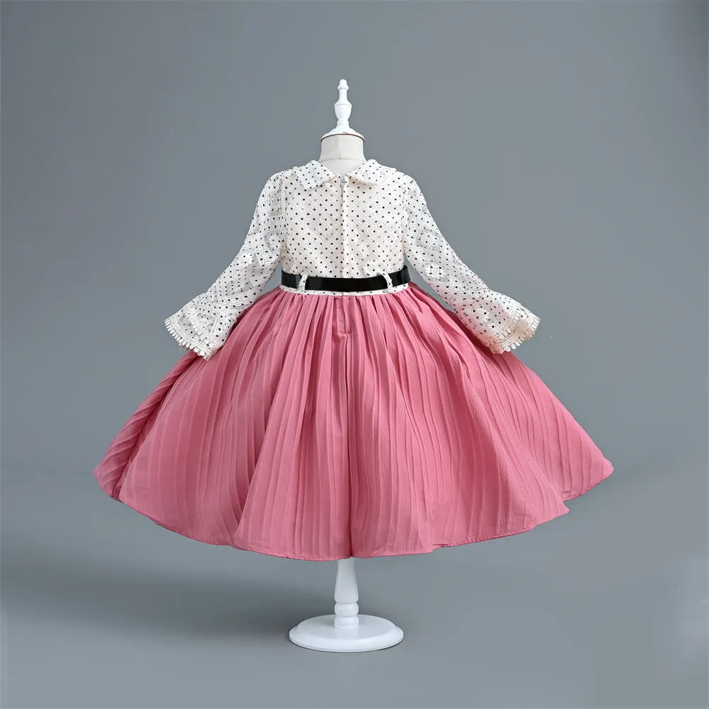 VB248 Yoliyolei Long Flare Sleeve 2024 Kids Clothes Polka Dots Pleated Princess Child Dress For Girls With A Waist Buckle Belt