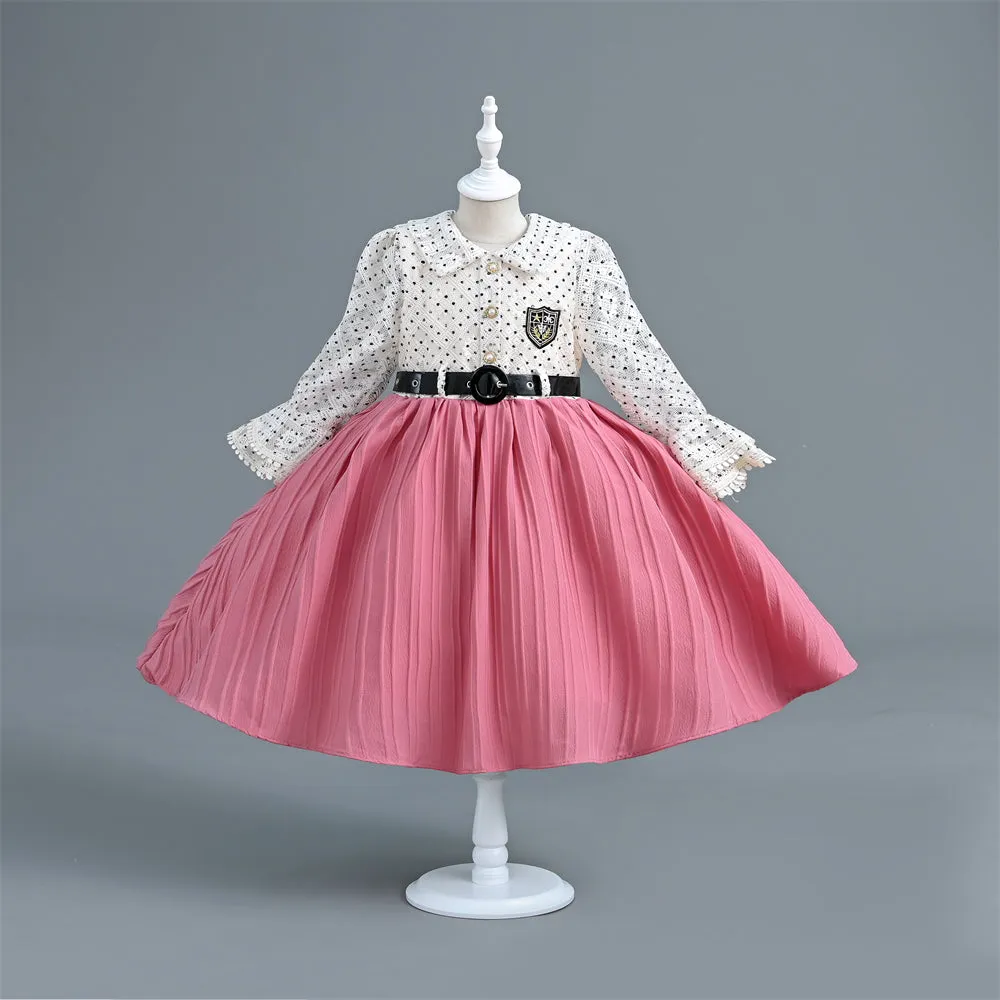 VB248 Yoliyolei Long Flare Sleeve 2024 Kids Clothes Polka Dots Pleated Princess Child Dress For Girls With A Waist Buckle Belt