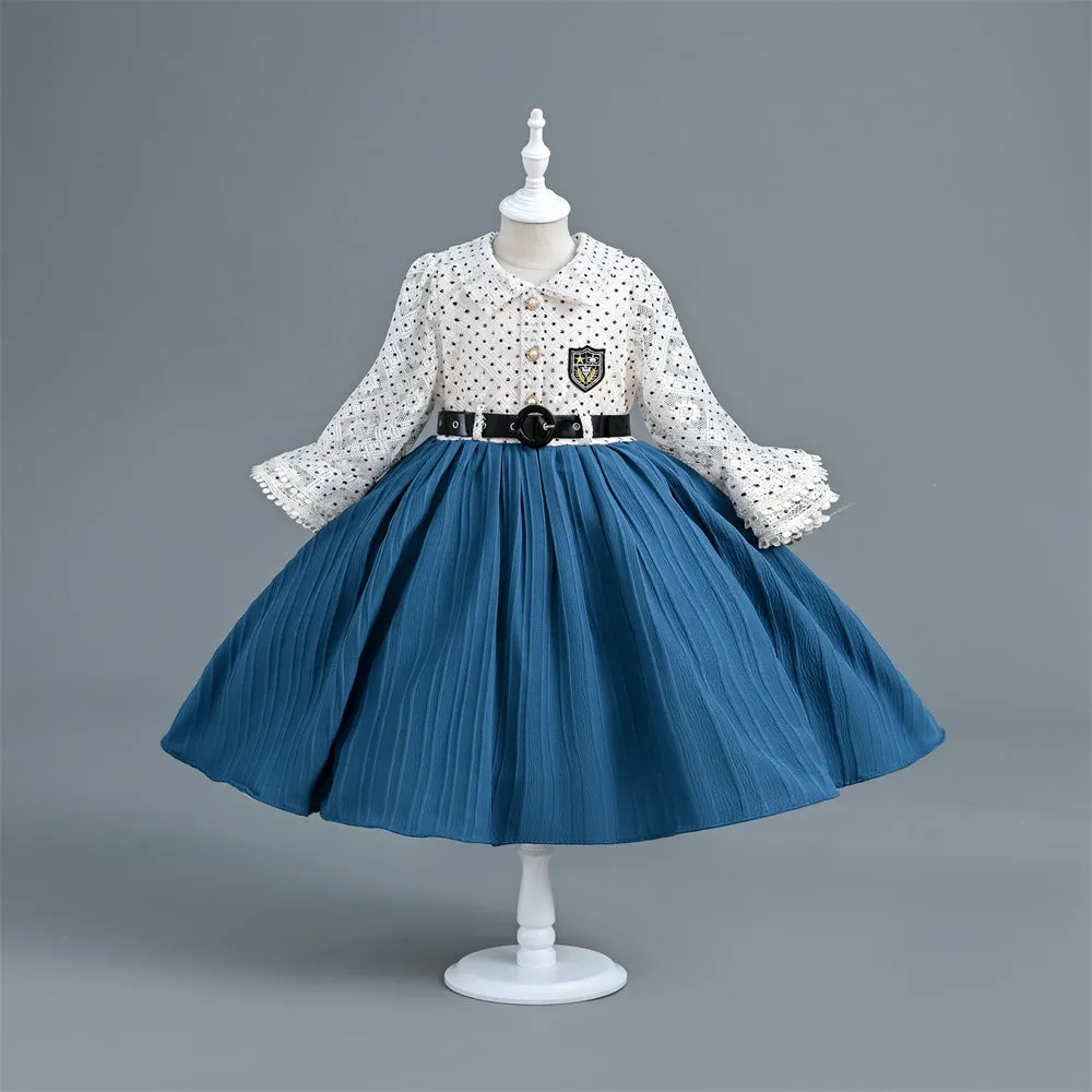 VB248 Yoliyolei Long Flare Sleeve 2024 Kids Clothes Polka Dots Pleated Princess Child Dress For Girls With A Waist Buckle Belt