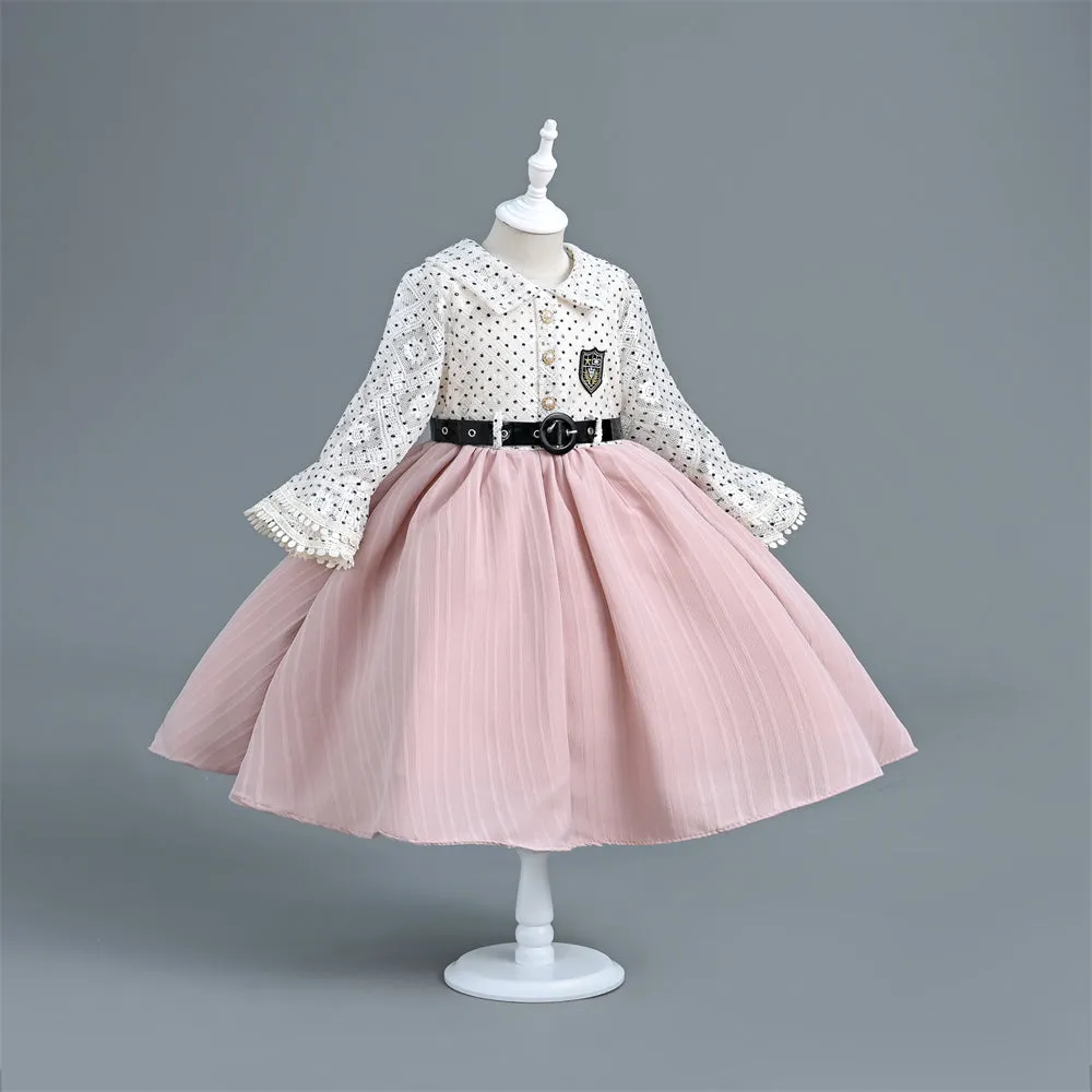 VB248 Yoliyolei Long Flare Sleeve 2024 Kids Clothes Polka Dots Pleated Princess Child Dress For Girls With A Waist Buckle Belt