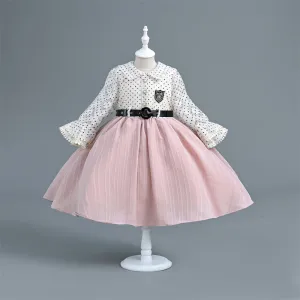 VB248 Yoliyolei Long Flare Sleeve 2024 Kids Clothes Polka Dots Pleated Princess Child Dress For Girls With A Waist Buckle Belt