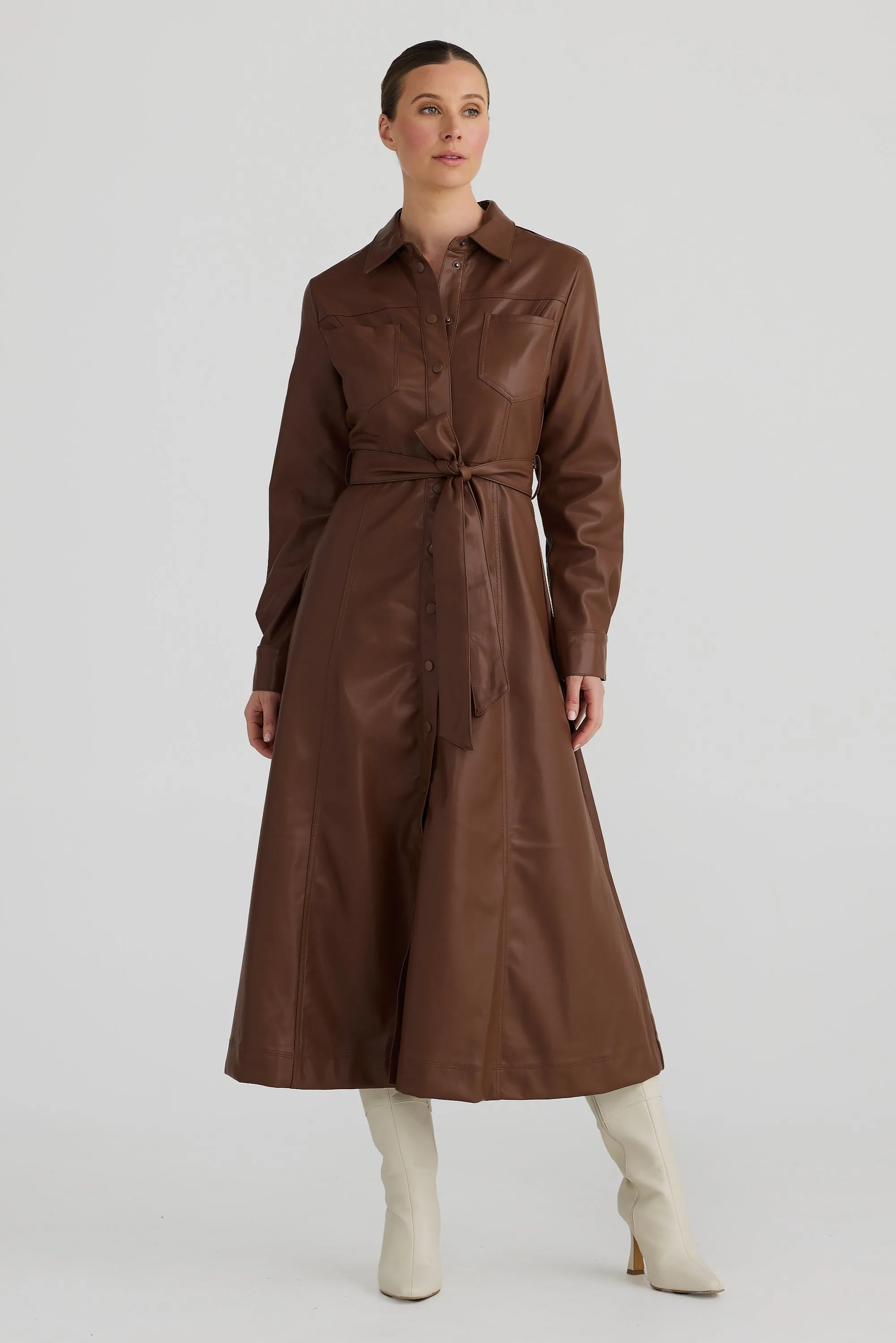 Vegan Leather Midi Shirt Dress - Walnut