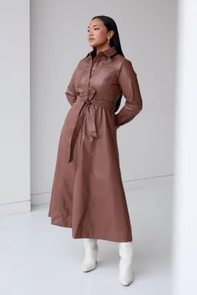 Vegan Leather Midi Shirt Dress - Walnut
