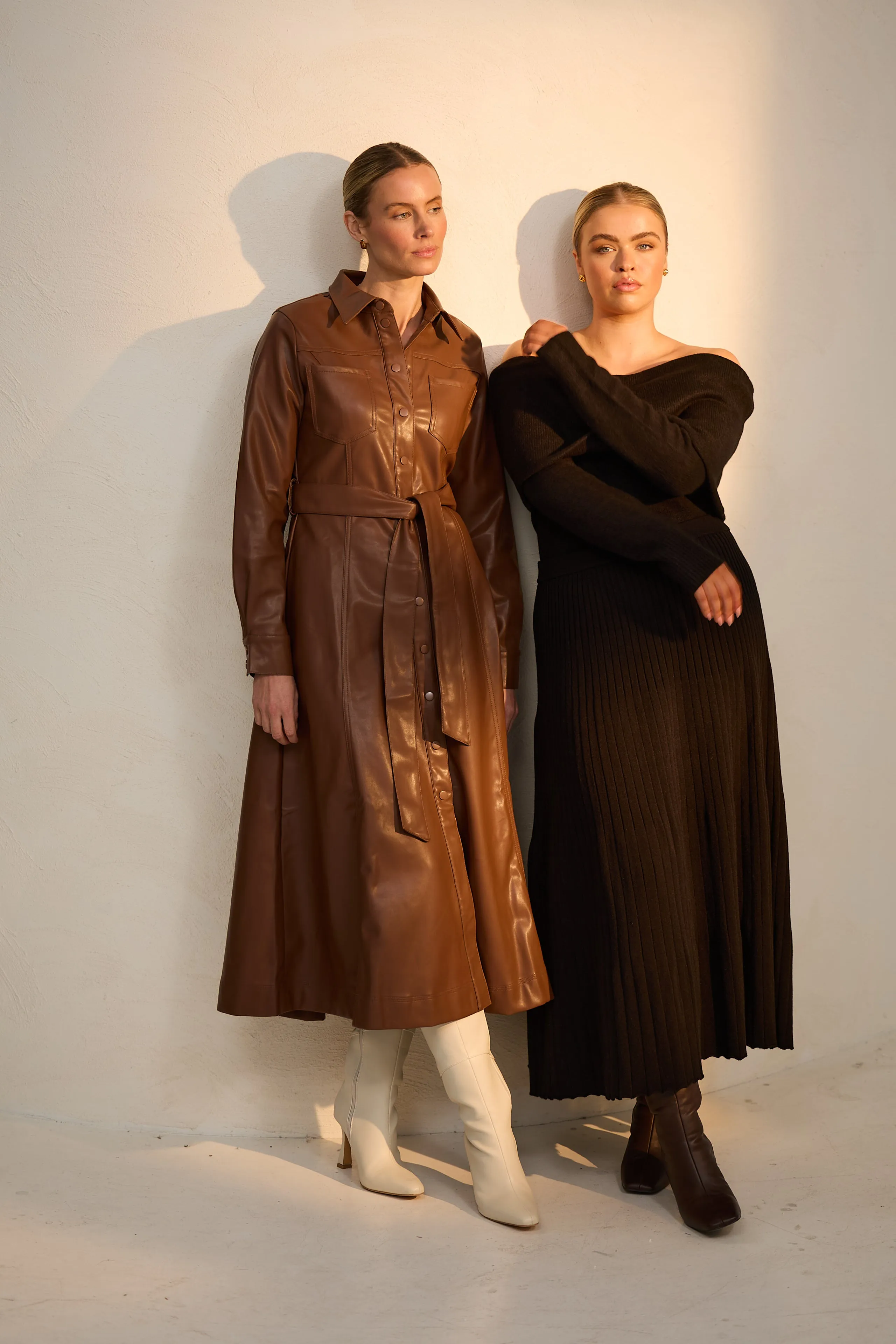 Vegan Leather Midi Shirt Dress - Walnut