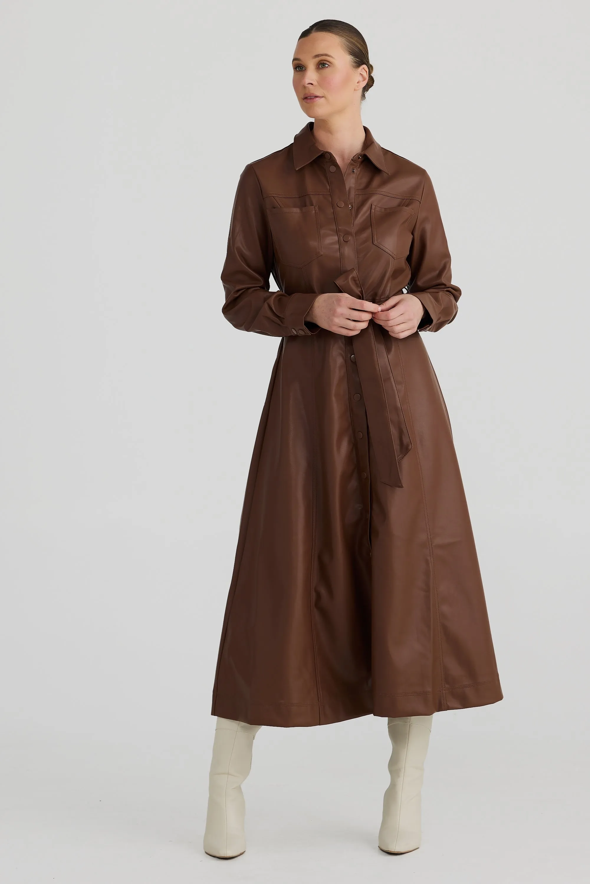 Vegan Leather Midi Shirt Dress - Walnut