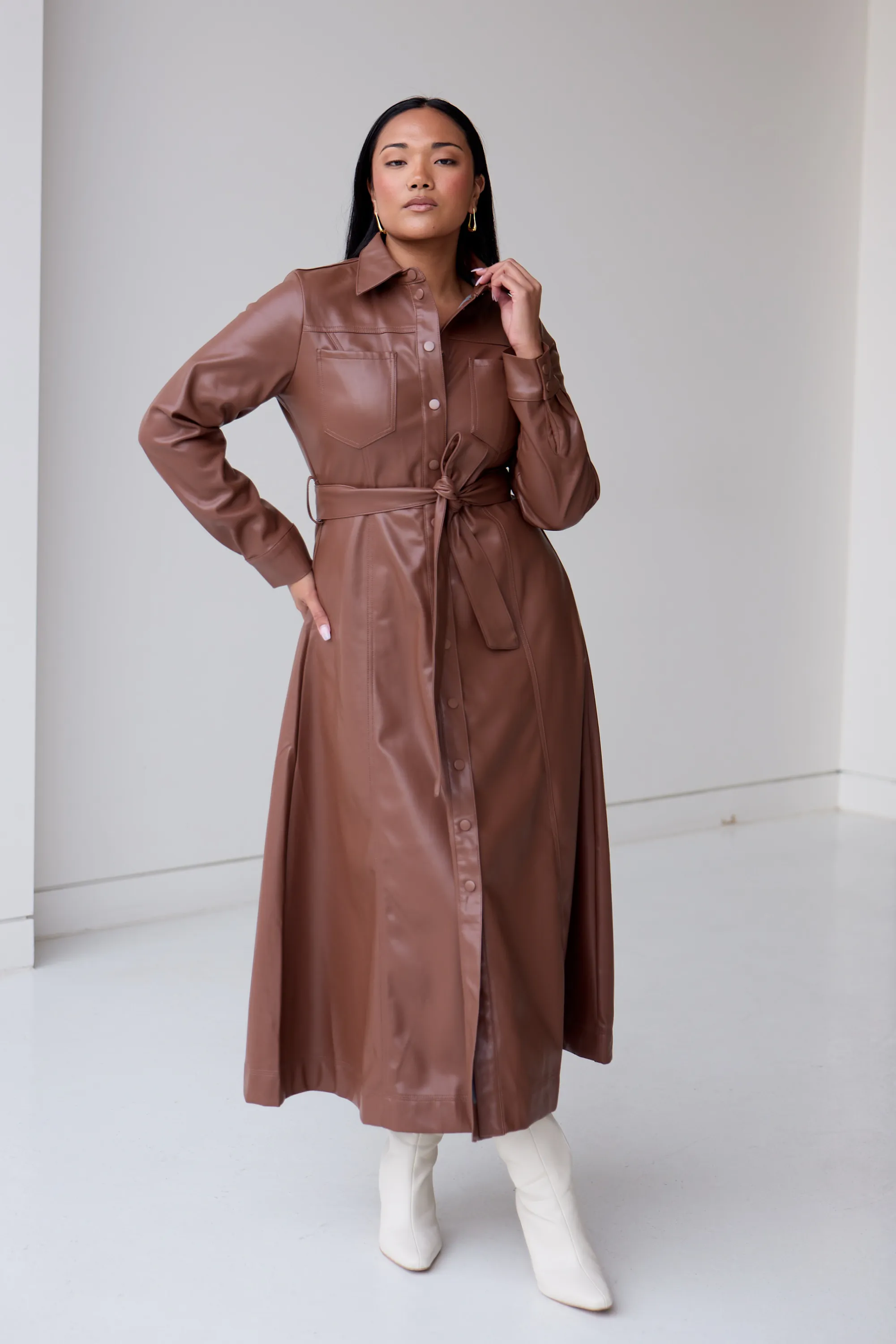 Vegan Leather Midi Shirt Dress - Walnut