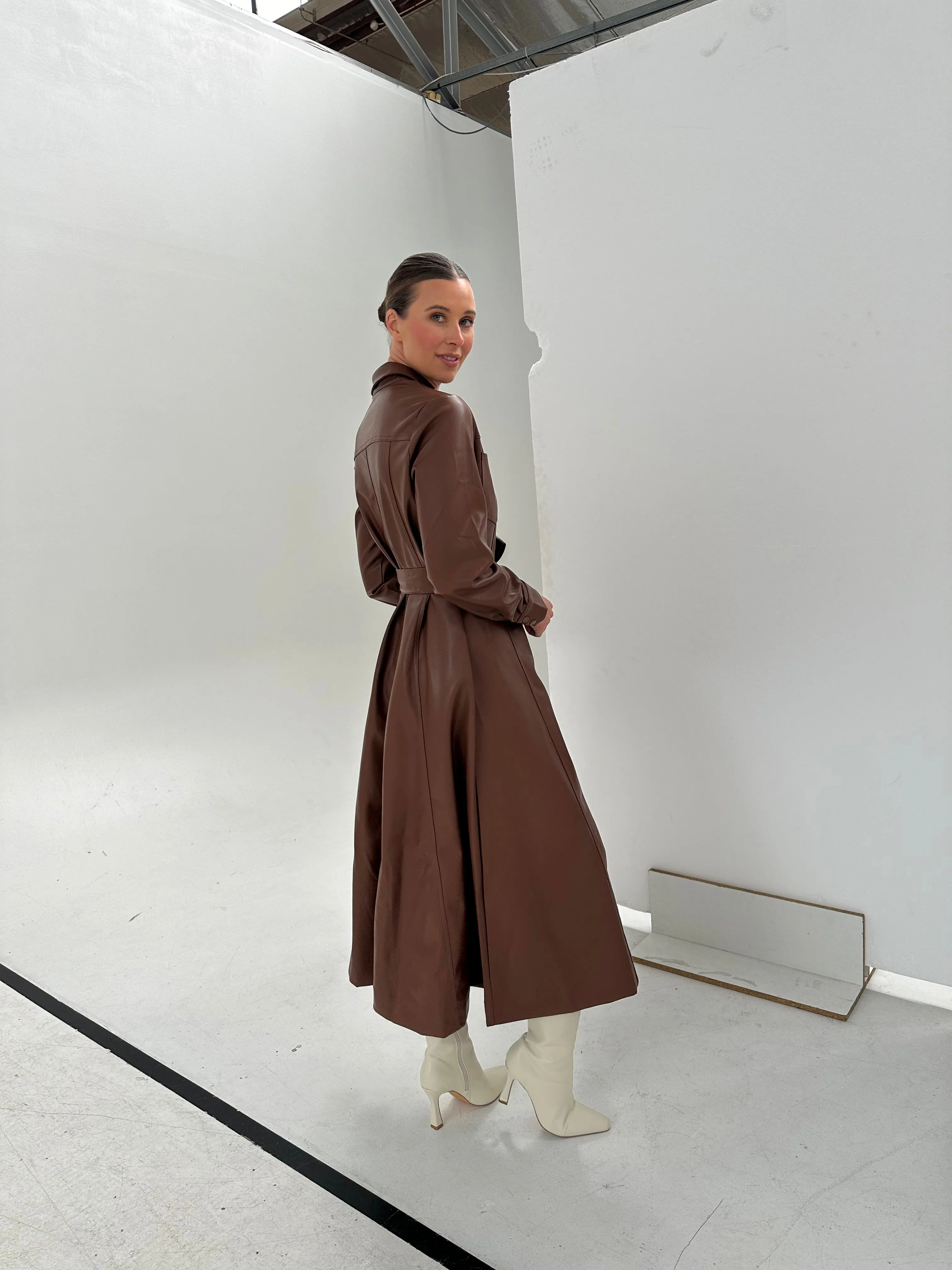 Vegan Leather Midi Shirt Dress - Walnut