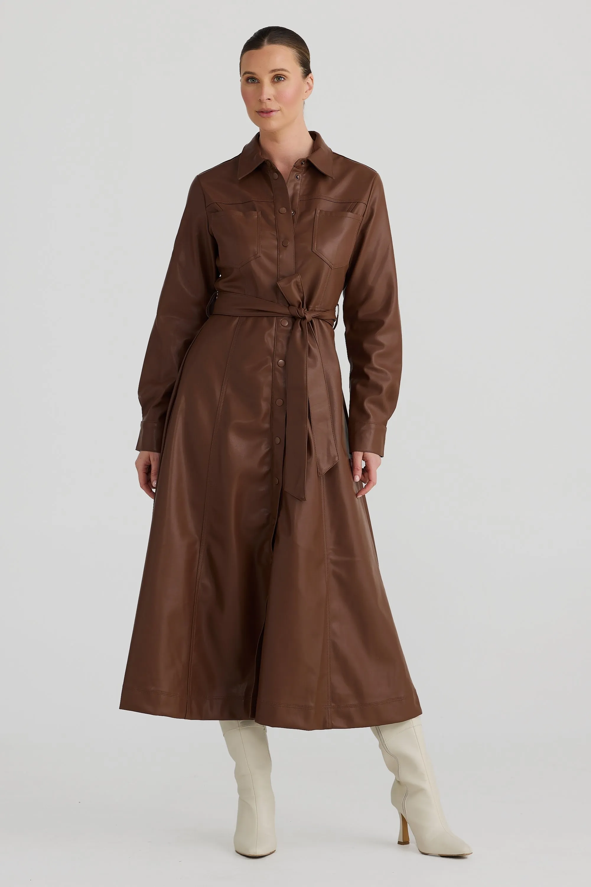 Vegan Leather Midi Shirt Dress - Walnut
