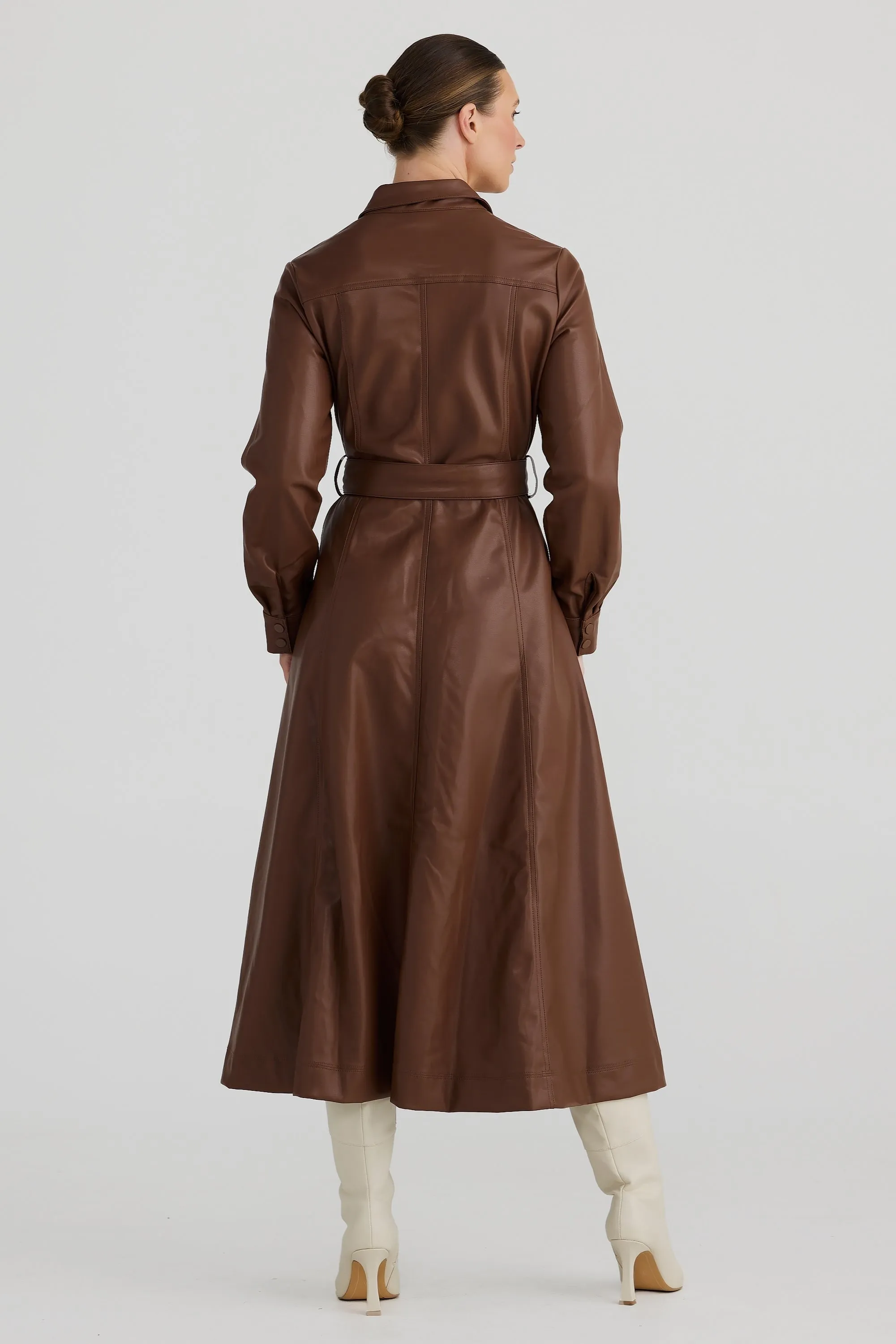 Vegan Leather Midi Shirt Dress - Walnut