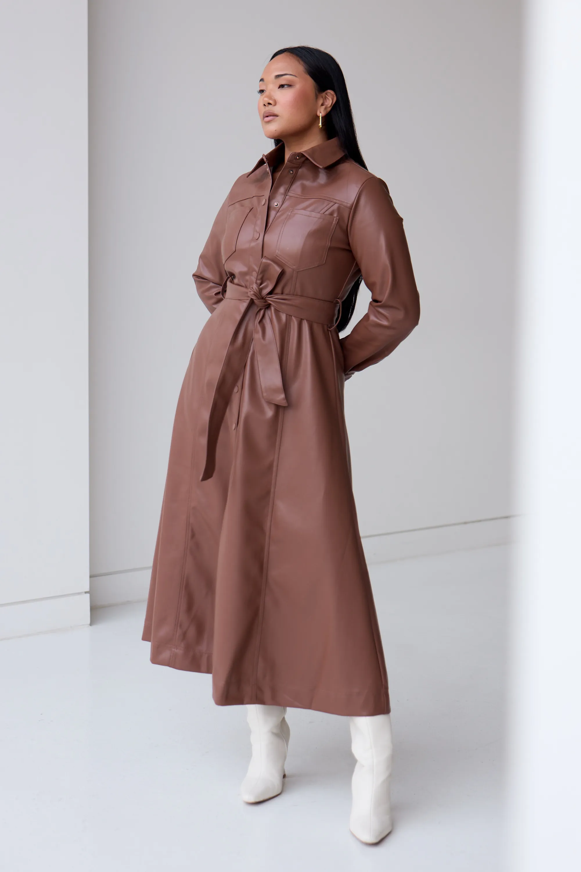 Vegan Leather Midi Shirt Dress - Walnut