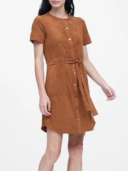 Vegan Suede Shirt Dress in Caramel