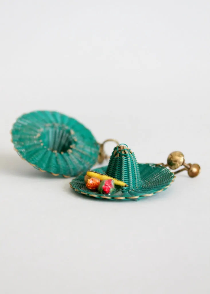 Vintage 1930s Straw Hat Novelty Earrings