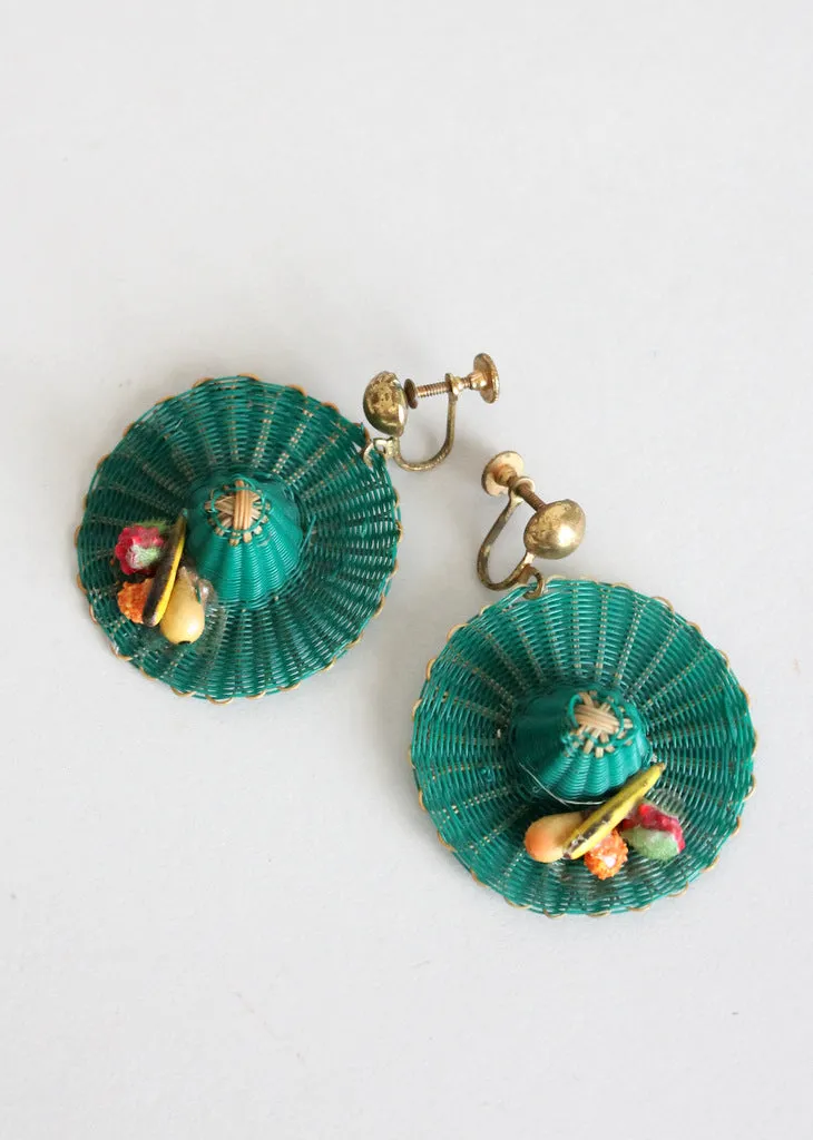 Vintage 1930s Straw Hat Novelty Earrings