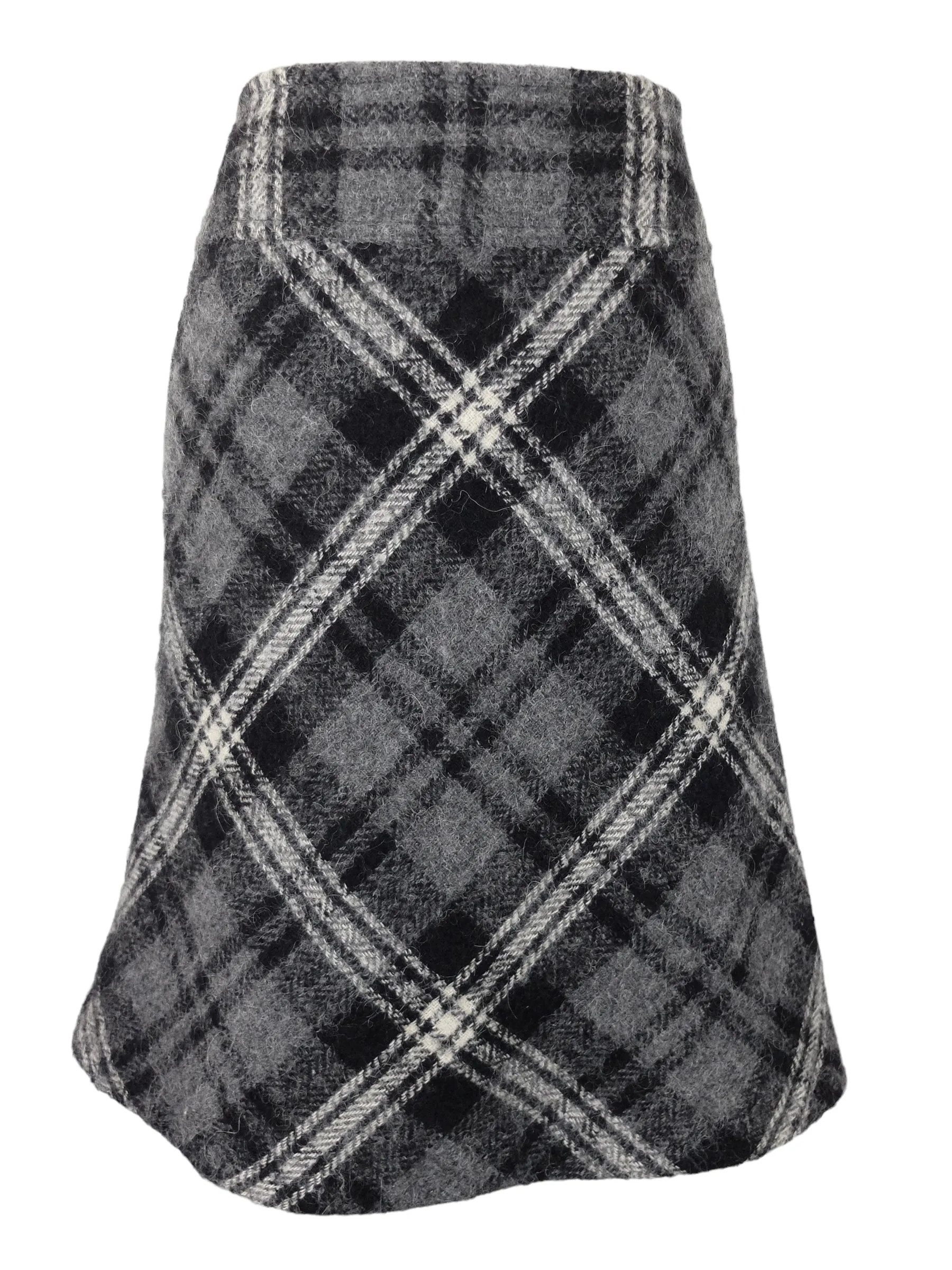 Vintage 2000s Y2K Marella Designer Wool Alpaca Blend Preppy Schoolgirl Academia Style Grey & Black Argyle Check Print Low Rise Below-the-Knee Midi Skirt | Size M