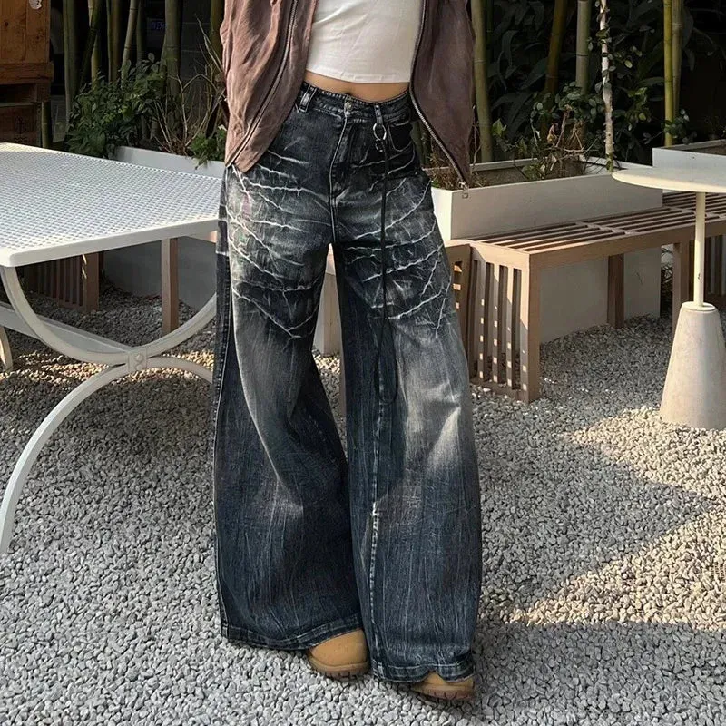 Vintage Black Gray High Waist Straight Baggy Jeans