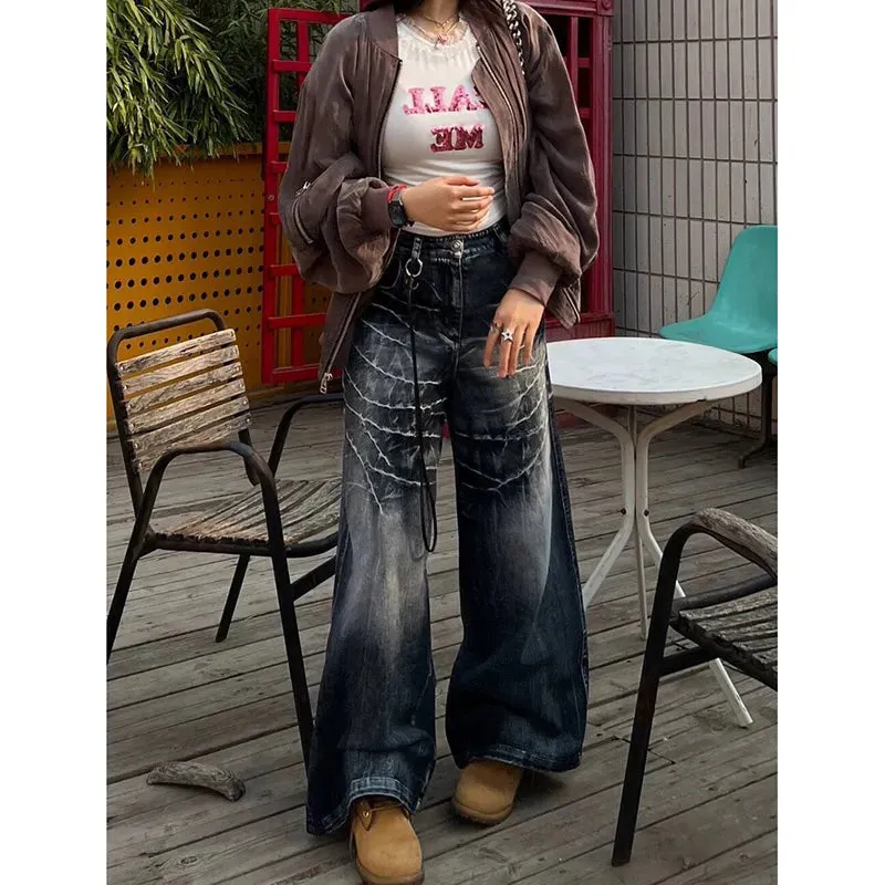 Vintage Black Gray High Waist Straight Baggy Jeans