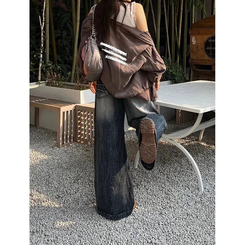 Vintage Black Gray High Waist Straight Baggy Jeans