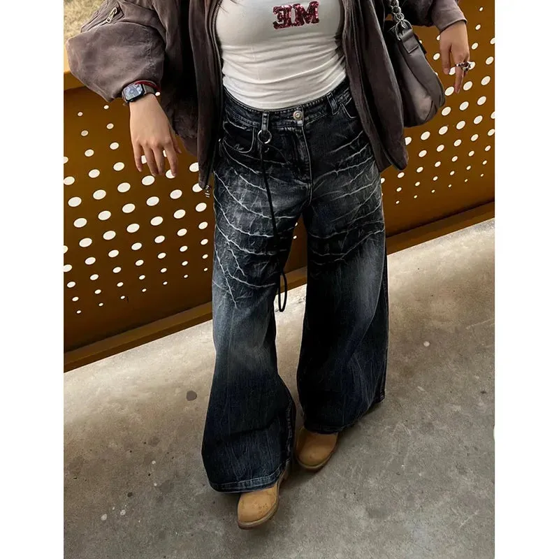 Vintage Black Gray High Waist Straight Baggy Jeans
