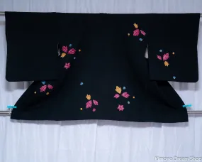 Vintage Black Haori - Textured Silk Fabric - Pink Flowers Yellow Leaves Kimono Jacket - Made in Japan