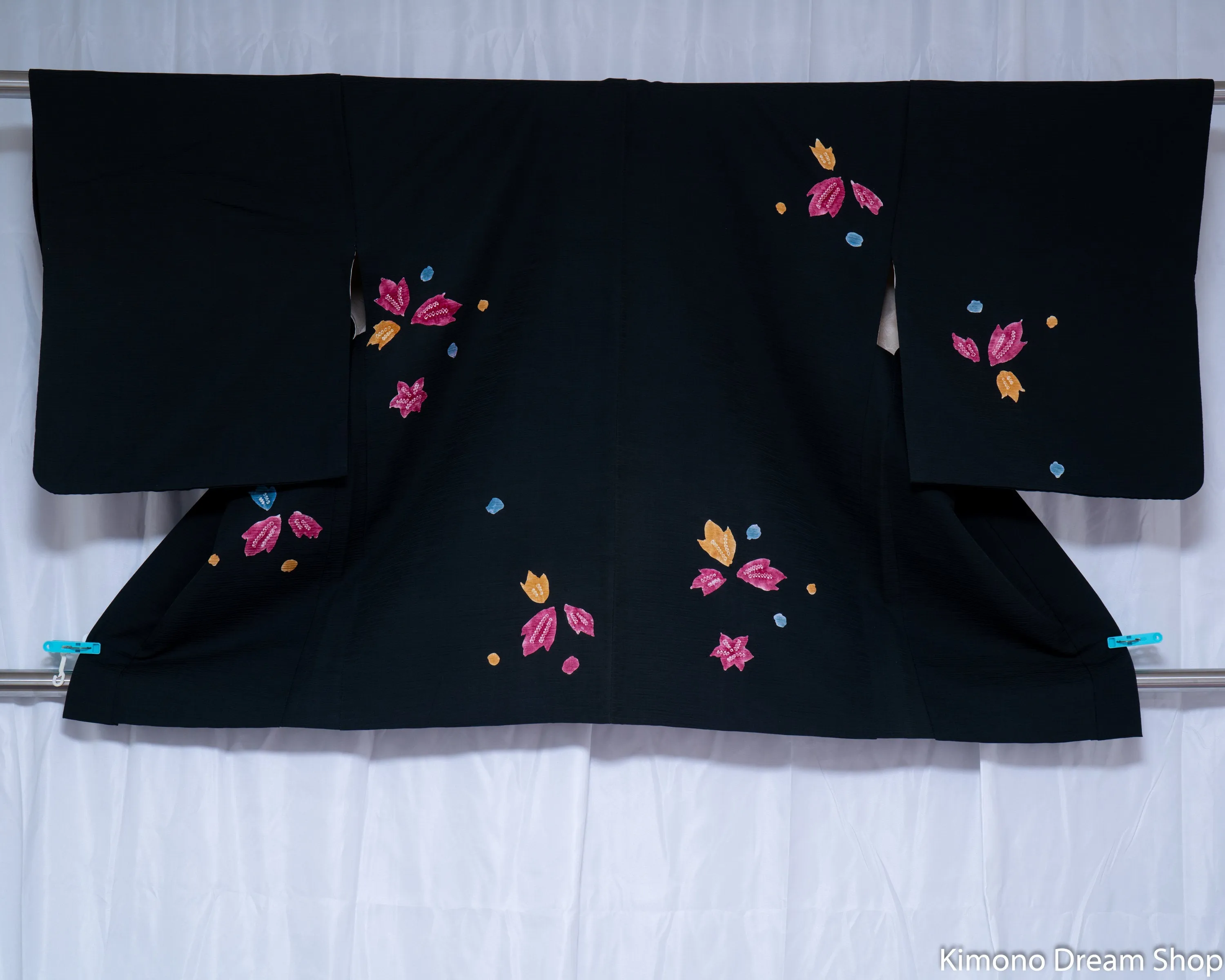 Vintage Black Haori - Textured Silk Fabric - Pink Flowers Yellow Leaves Kimono Jacket - Made in Japan