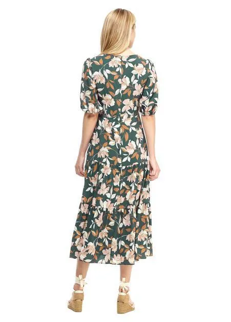 Vintage Floral Puff Sleeve Midi Dress