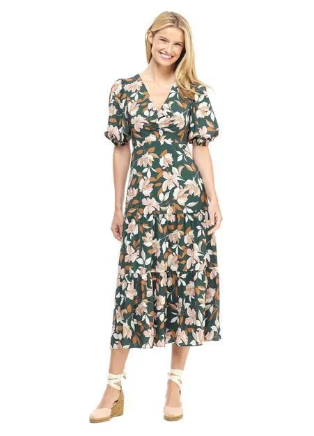 Vintage Floral Puff Sleeve Midi Dress