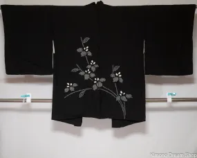 Vintage Silk Black Floral Haori - White Flowers Made by Shibori Tie Dye - Traditional Women's Jacket for Kimono