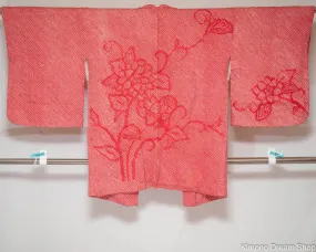 Vintage Silk Red Floral Shibori Haori - Traditional Women's Kimono Jacket - Flowers Made Out of Kanoko Deer Fawn Spots - Japanese Tie Dye