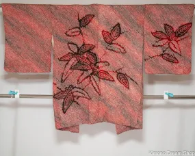 Vintage Unsued Silk Shibori Haori - Light & Dark Reds - Traditional Japanese Tie Dye Kanoko Deer Fawn Spots - Women's Kimono Jacket - Leaves