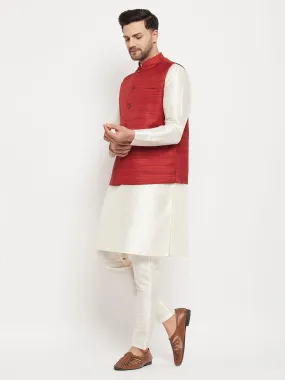 VM BY VASTRAMAY Men's Maroon Matka Silk Nehru Jacket With Cream Silk Blend Kurta and Pant style Pyjama Set
