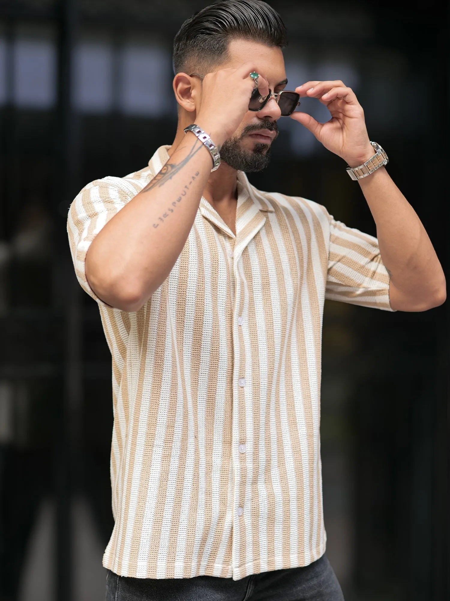 Waffle Flatknit Cotton Beige Shirt