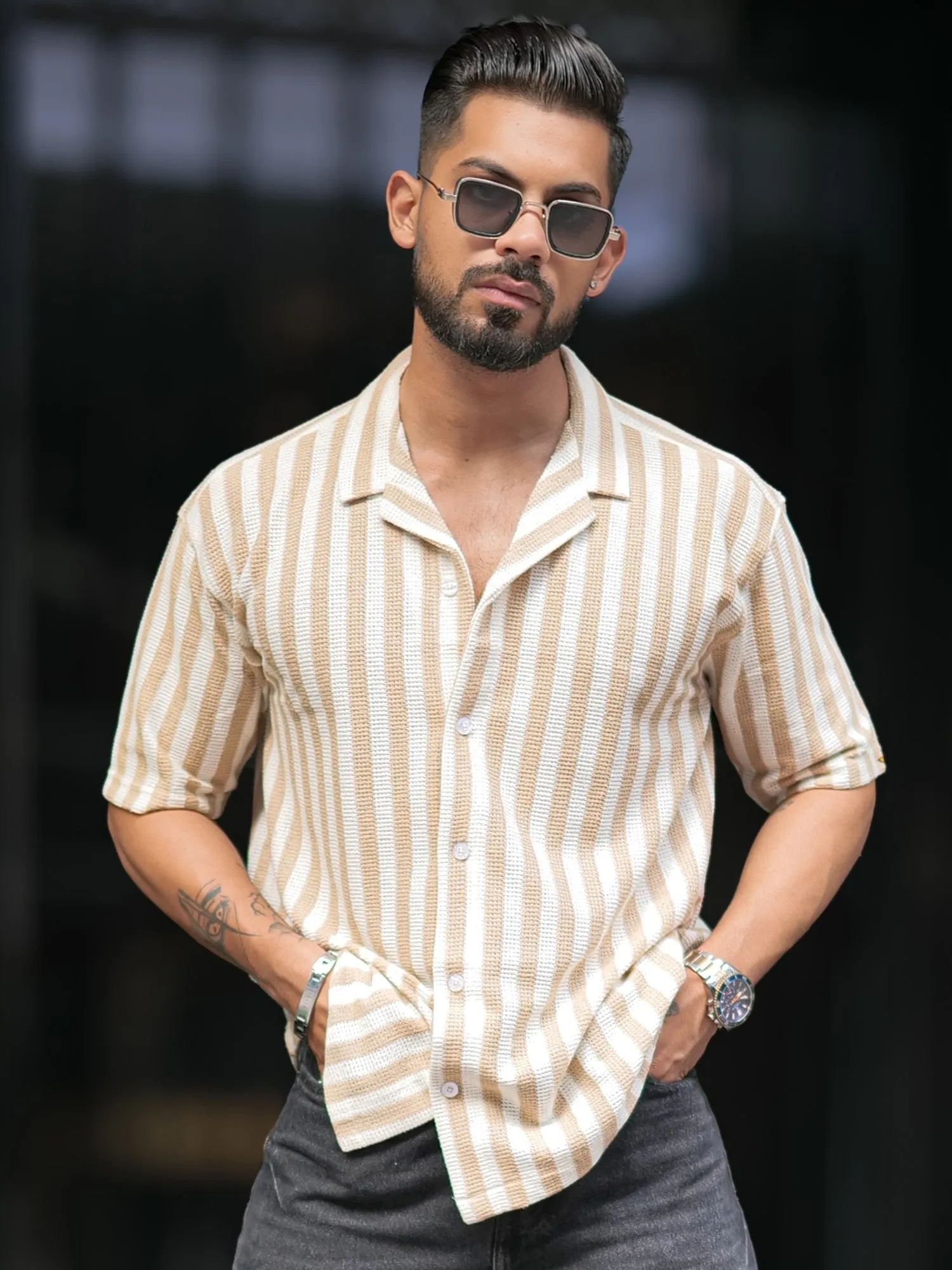Waffle Flatknit Cotton Beige Shirt